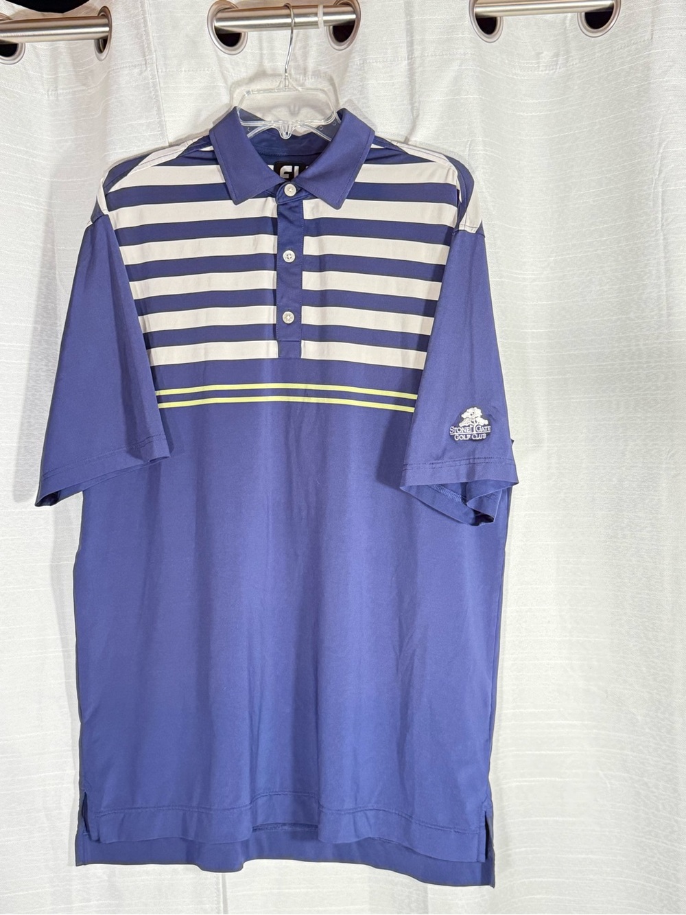 FootJoy Men's Striped Blue Large Golf Polo Shirt Stone Gate Golf Course emb